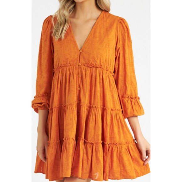 NWT Cleobella Blythe Mini Dress in Bright Orange Floral Jacquard Tiered Boho S - Picture 3 of 16